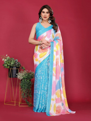 RAJESHWAR FASHION Printed Daily Wear Chiffon Saree(Light Blue)