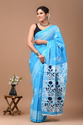 MANIHARI Printed, Floral Print, Dyed Hand Batik Pure Cotton Saree(Light Blue)