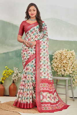 jeravi Digital Print Mysore Cotton Linen Saree(Brown)
