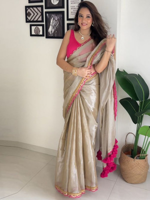 Ghan Sals Solid/Plain Bollywood Georgette Saree(Beige, Silver)