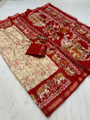 SDGRATITUDE Printed Kalamkari Cotton Linen, Cotton Silk Saree(Cream)