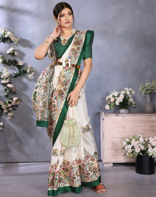 YASHIKA Printed Bollywood Art Silk Saree(White, Green)