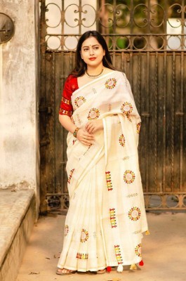 STAVA CREATION Printed Bollywood Pure Cotton Saree(Cream)