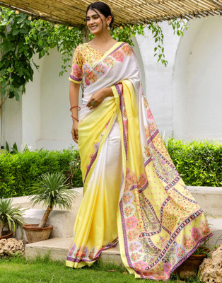 Satrani Digital Print, Printed Bollywood Crepe Saree(Yellow, White)