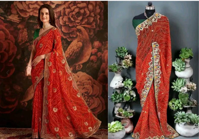 Clever Clothing Dyed, Embroidered, Embellished, Floral Print Bandhani Georgette Saree(Pack of 2, Red)