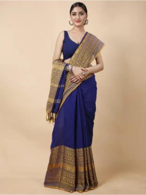 Happy Creation Woven Handloom Handloom Cotton Blend Saree(Blue, Yellow)