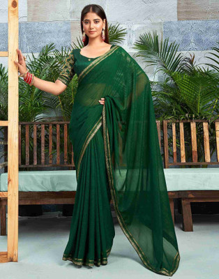 Yipsy Fashion Solid/Plain, Printed, Embellished Daily Wear Chiffon Saree(Green)