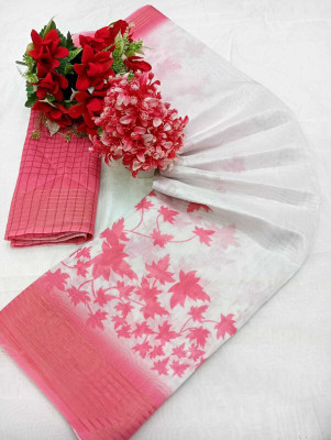 HouseOfCommon Floral Print Kanjivaram Chanderi, Pure Silk Saree(White, Pink)