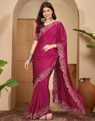 Satrani Embroidered, Dyed Bollywood Satin Saree(Pink, Multicolor)