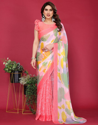 all about you Printed Daily Wear Chiffon Saree(Multicolor, Pink)