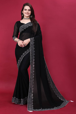 Lajamani Fashion Self Design, Solid/Plain Bollywood Georgette Saree(Black)