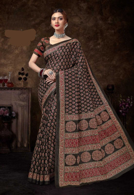 RAGISHA ENTERPRISE Printed Handloom Pure Cotton Saree(Black)