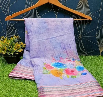 VCREATION Digital Print Bollywood Cotton Linen Saree(Multicolor)