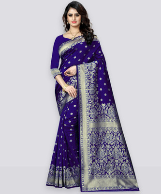 Samah Woven, Embellished, Self Design Banarasi Silk Blend, Jacquard Saree(Blue, Gold)