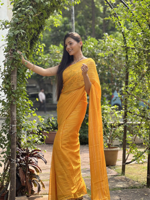 Moda Rapido Self Design, Striped, Ombre Bollywood Satin Saree(Yellow)