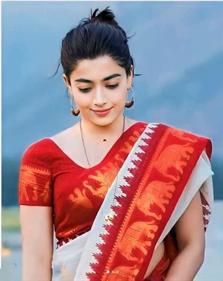 PRANJAL ART Self Design Bollywood Jacquard, Art Silk Saree(White, Red)