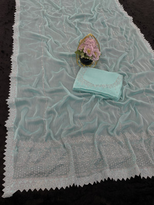 VarniRaaj Fashion Embellished Bollywood Pure Silk Saree(Light Blue)