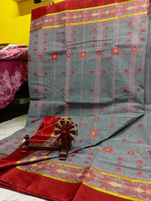 PUJA SHAREE CENTRE Self Design, Embellished, Woven Tant Cotton Blend Saree(Grey)