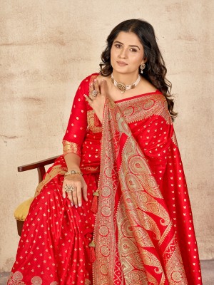 Valley Printed Banarasi Silk Blend Saree(Red)