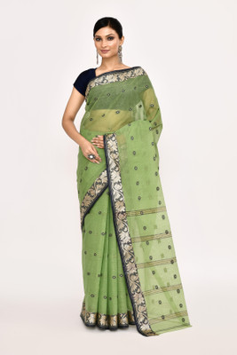 maa textile Self Design Tant Pure Cotton Saree(Dark Green)