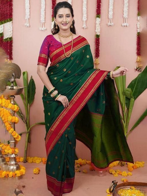 RASIFASHION Woven Paithani Silk Blend Saree(Dark Green)
