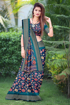 JERAVI Enterprise Digital Print Arani Pattu Cotton Blend Saree(Light Blue)
