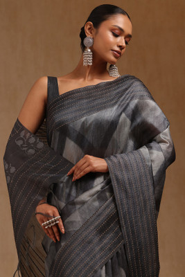 soch Geometric Print Saree with Attached Blouse Chanderi Saree(Grey)