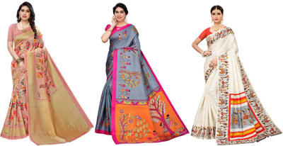 YASHIKA Printed, Woven Kasavu Art Silk Saree(Pack of 3, Pink, Grey, Cream)