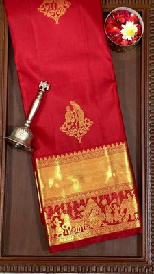 Julee Solid/Plain Banarasi Pure Silk Saree(Red)