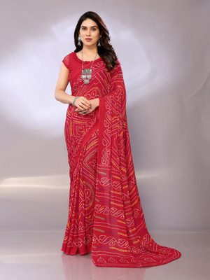 V And V Shop Printed Bandhani Chiffon Saree(Red)