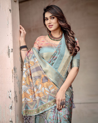 maharani couture Digital Print Kalamkari Silk Blend Saree(Grey)