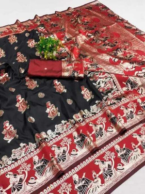 Crystalwaves Embellished Baluchari Art Silk, Jacquard Saree(Black)