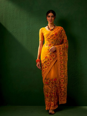 manvaa Embroidered Bollywood Net Saree(Yellow)