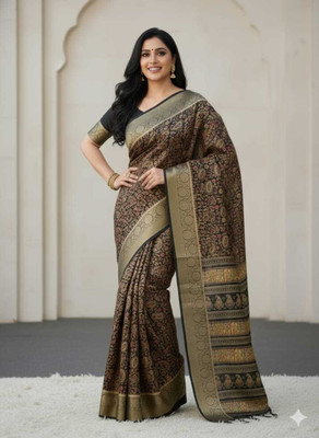 srikastbhanjan Woven, Paisley, Temple Border, Embellished Bandhani Cotton Silk Saree(Black)