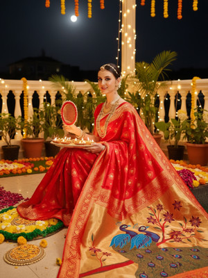 Ethnic Junction Woven Paithani Silk Blend Saree(Red)