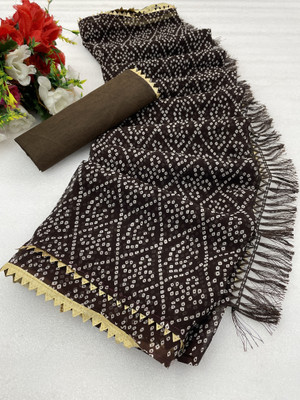 PRETTYAGE Printed, Solid/Plain Bandhani Georgette Saree(Brown)
