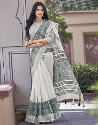 HouseOfCommon Floral Print Bollywood Cotton Linen Saree(White)