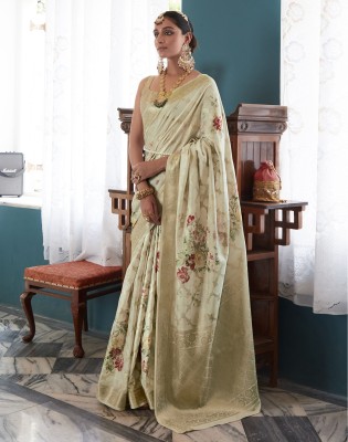 Satrani Digital Print, Floral Print Banarasi Cotton Silk, Jacquard Saree(Beige, Multicolor)