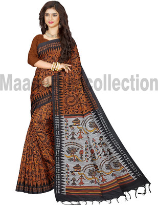 maadurga Printed Madhubani Cotton Blend Saree(Orange)