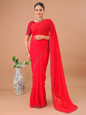 Leelavati Embellished Bollywood Chiffon Saree(Red)