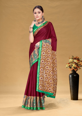 Divastri Blocked Printed, Printed Chanderi Cotton Blend Saree(Maroon)