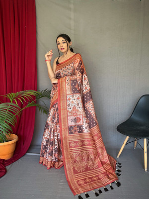 SGF11 Self Design Handloom Cotton Linen Saree(Brown)