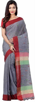 BongAp Self Design Handloom Pure Cotton Saree(Grey)