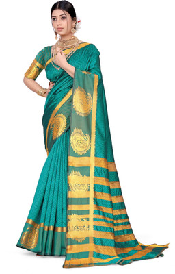 Jyanshu Creation Woven Banarasi Cotton Silk Saree(Blue)