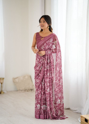 Shreekaara Floral Print Daily Wear Satin Saree(Pink)