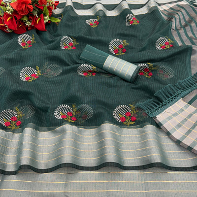 Vikash fab Embroidered Chettinadu Linen Saree(Multicolor)
