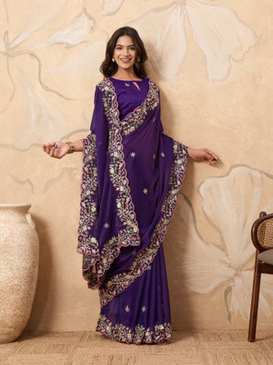 sareya veela Embroidered, Floral Print, Embellished Bollywood Chiffon Saree(Purple)