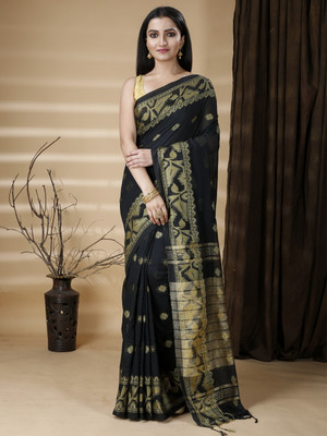 DipDiya Self Design Handloom Pure Cotton Saree(Black, Gold)