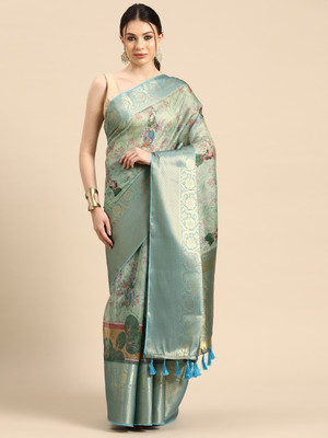 SILK ZONE Digital Print Banarasi Silk Blend Saree(Light Green)