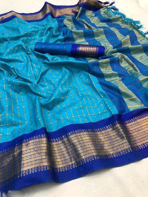 KanjiQueen Checkered Jamdani Silk Blend, Cotton Blend Saree(Light Blue, Dark Blue)
